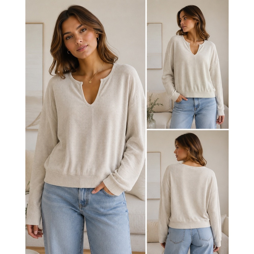 Lumiere Oversized Womens Top M Beige Cream Split Neck Long Sleeve Waffle Knit